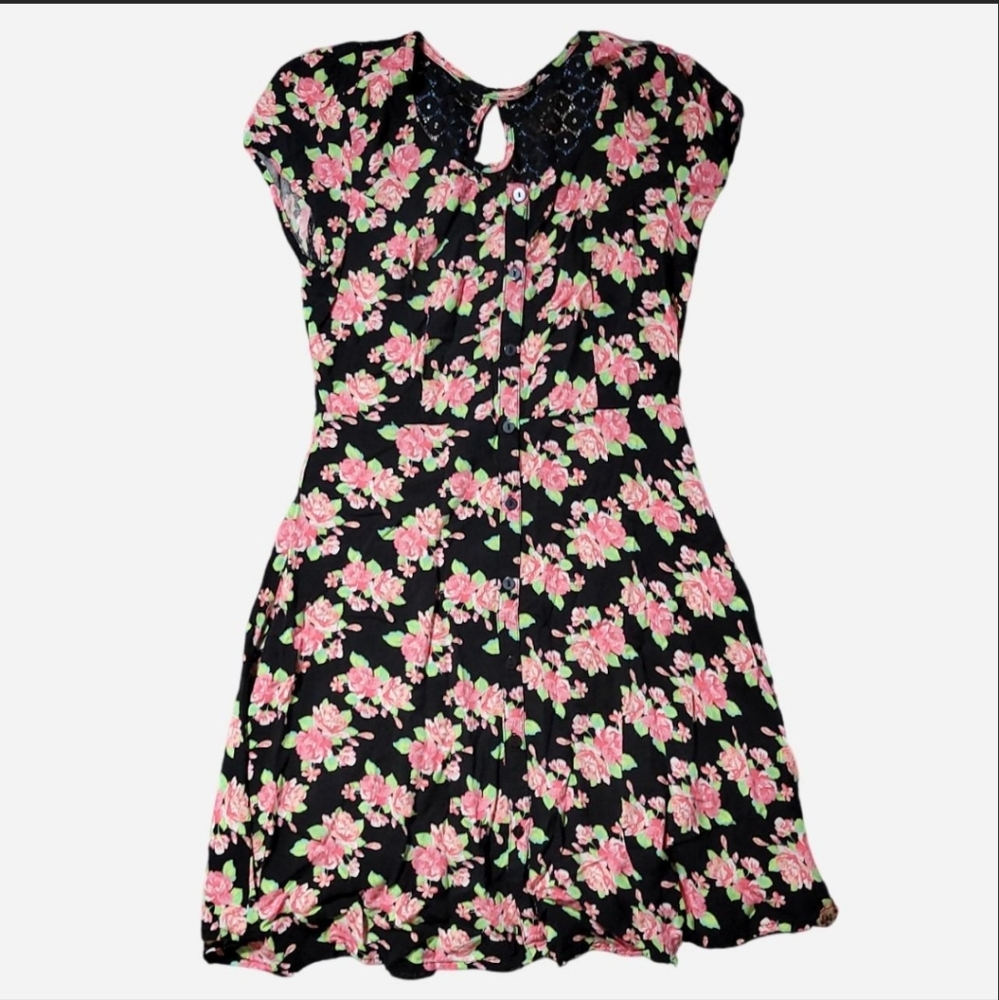 black floral lace-back dress with pink